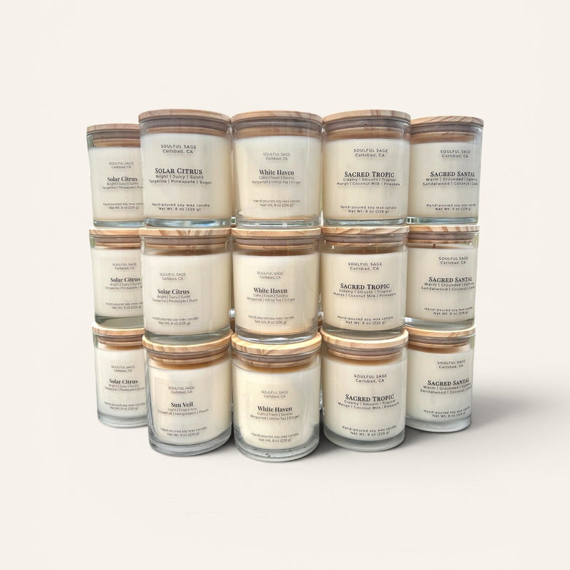 Soulful Sage hand-poured soy candle collection with all candle scents shown together