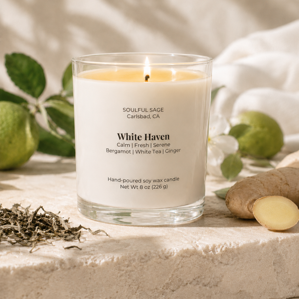 Soulful Sage White Haven soy candle with bergamot white tea and ginger scent-inspired background