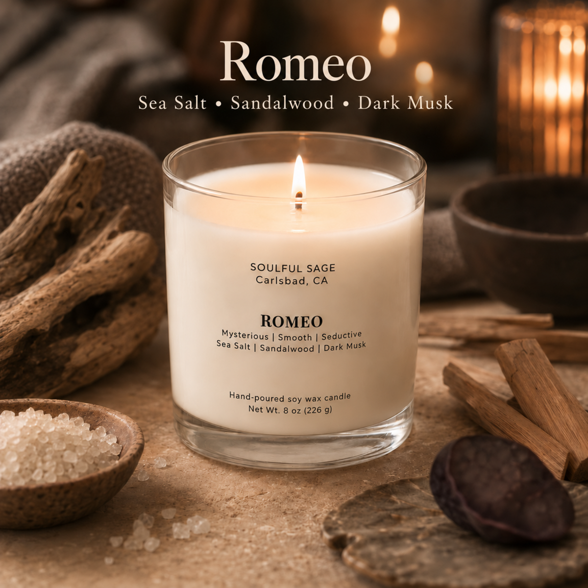 Romeo soy candle by Soulful Sage, lit with a full melt pool and styled with sea salt crystals, sandalwood, driftwood, and warm candlelight.
