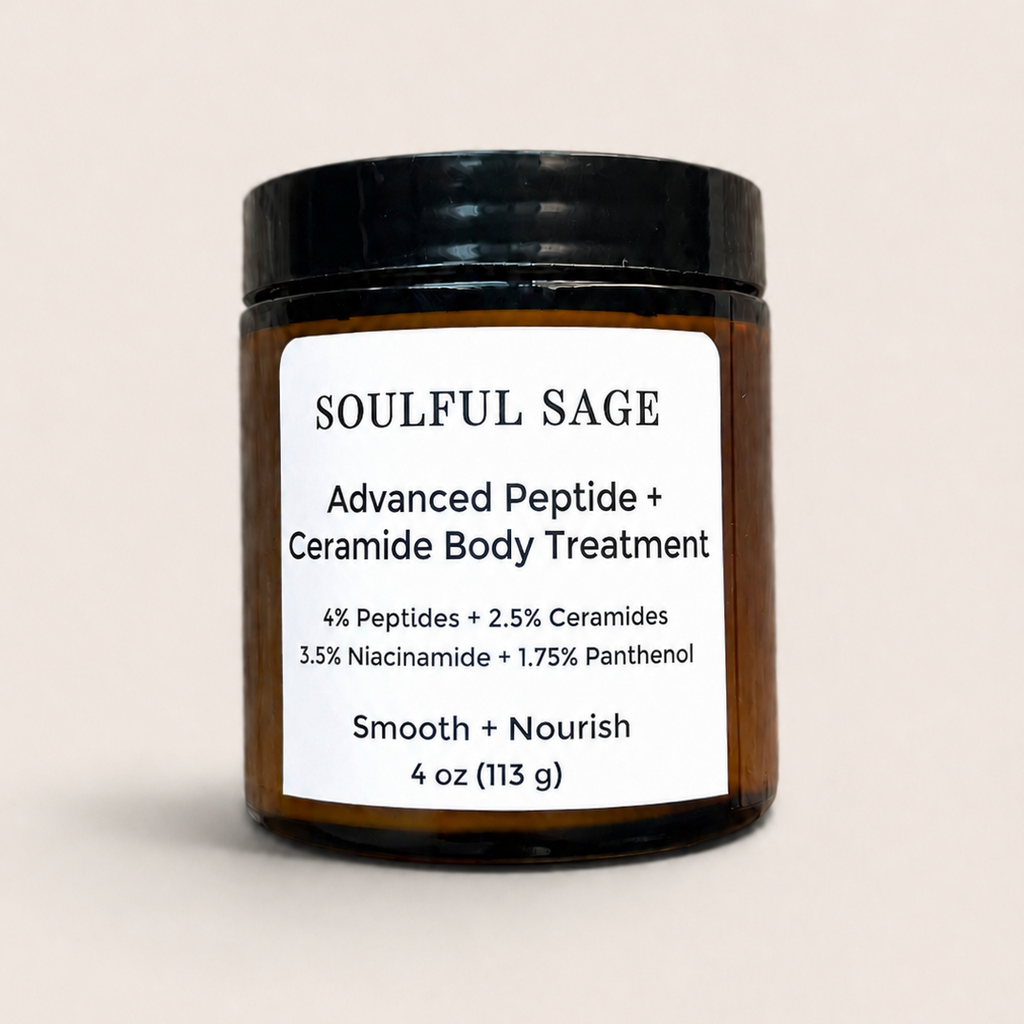 Soulful Sage Advanced Peptide + Ceramide Body Treatment in a 4 oz amber jar for dry, mature, and crepey-looking skin.