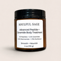 Soulful Sage Advanced Peptide + Ceramide Body Treatment in a 4 oz amber jar for dry, mature, and crepey-looking skin.