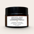 Soulful Sage Advanced Peptide + Ceramide Body Treatment travel size in a 1 oz (28 g) amber jar with peptides, ceramides, niacinamide, and panthenol for dry, mature, and crepey-looking skin.