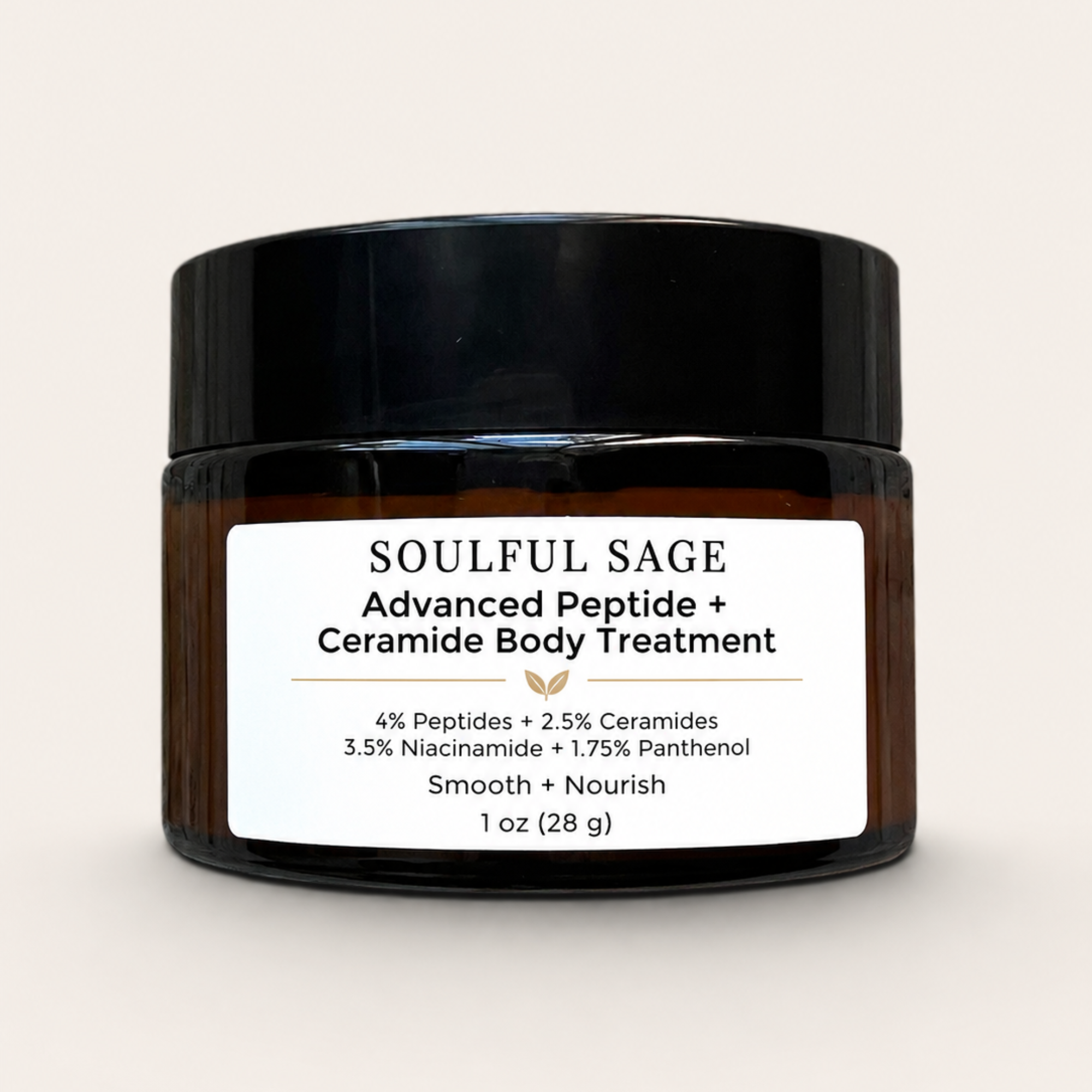 Soulful Sage Advanced Peptide + Ceramide Body Treatment travel size in a 1 oz (28 g) amber jar with peptides, ceramides, niacinamide, and panthenol for dry, mature, and crepey-looking skin.