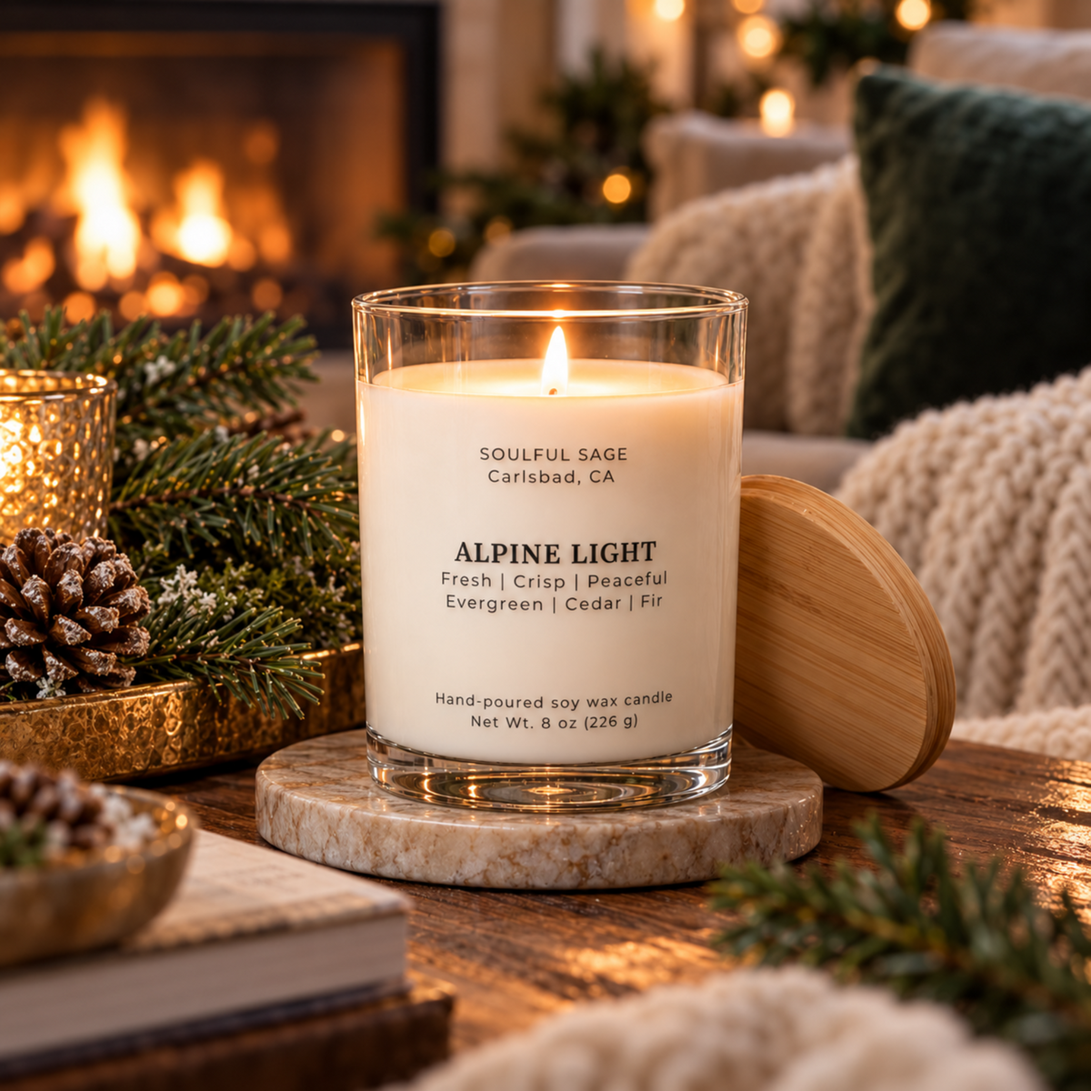 Alpine Light soy candle glowing in a cozy winter room with evergreen branches, soft textiles, and warm fireplace light.