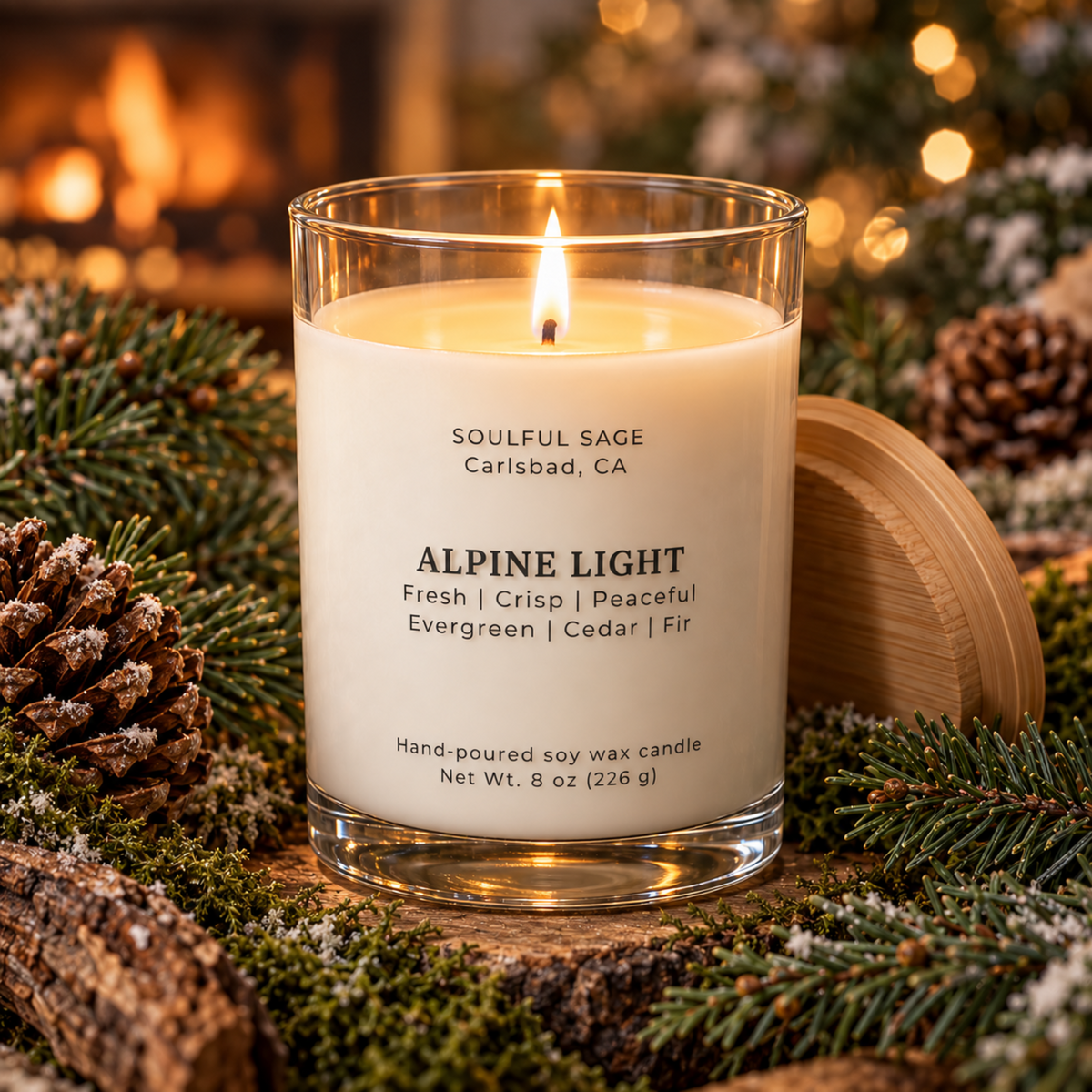 Alpine Light soy candle burning with a full melt pool, surrounded by evergreen, cedar, fir, and natural winter accents.