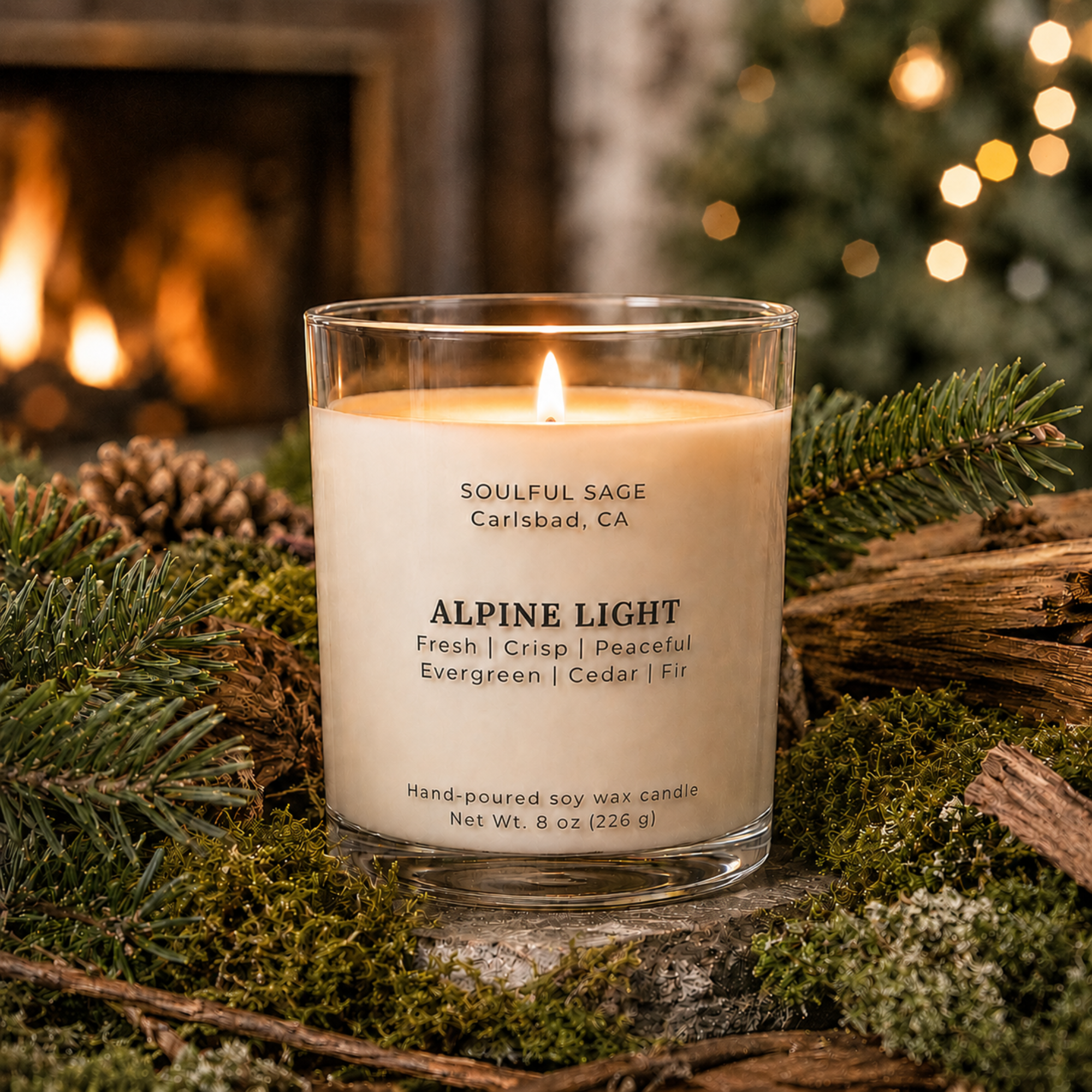 Alpine Light soy candle by Soulful Sage glowing beside evergreen branches and a warm fireplace, with fresh evergreen, cedar, and fir notes.
