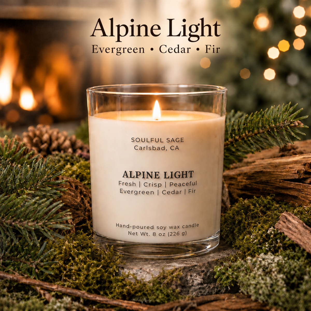 Alpine Light soy candle by Soulful Sage glowing beside evergreen branches and a warm fireplace, with fresh evergreen, cedar, and fir notes.