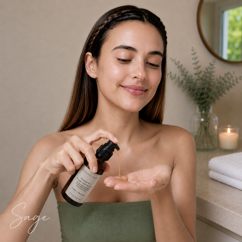 Woman applying Soulful Sage niacinamide and green tea serum