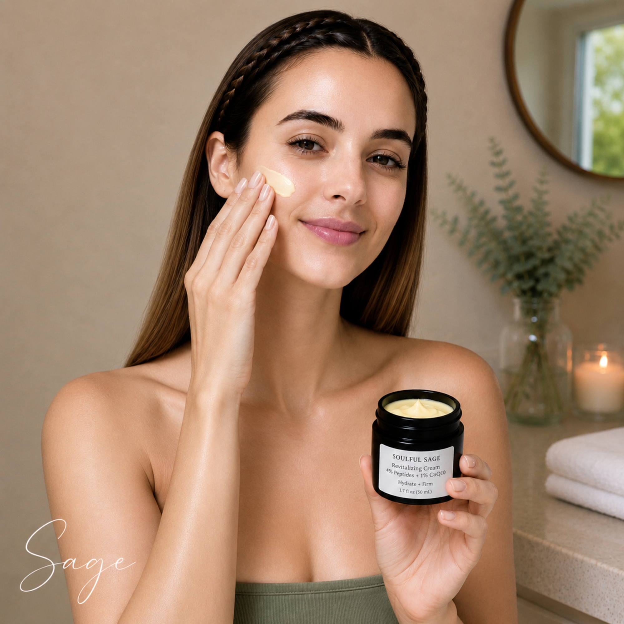 Woman applying Soulful Sage peptide face cream to her face