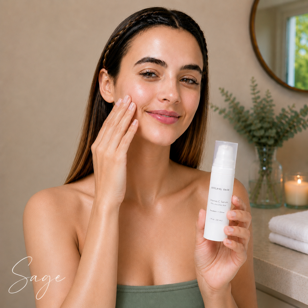 Woman applying Soulful Sage Vitamin C Serum to her face