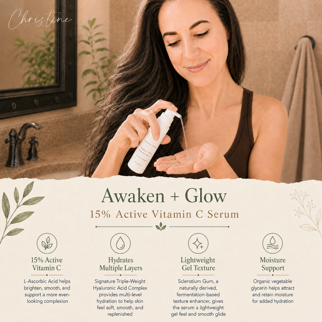 Christine applying Soulful Sage Awaken + Glow 15% Active Vitamin C Serum, with benefits highlighting brightening, multi-level hydration, improved dark spots and texture, and antioxidant support