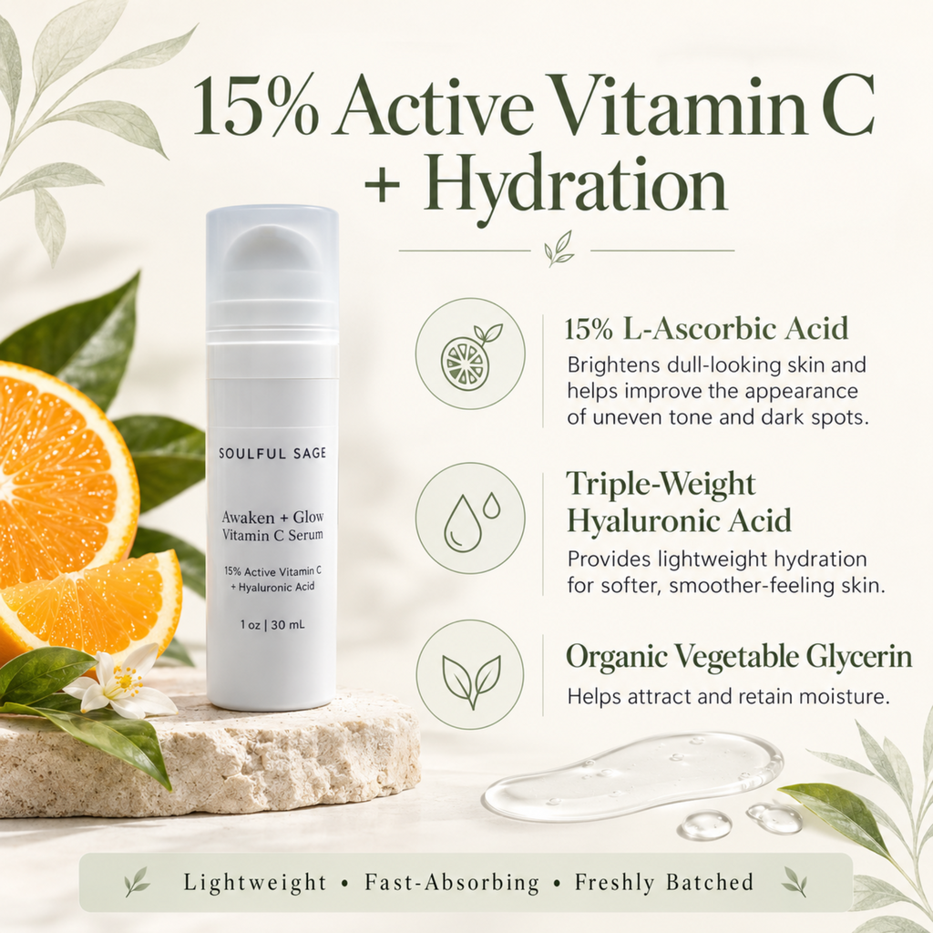 Graphic for Soulful Sage Awaken + Glow 15% Active Vitamin C Serum showing key actives including 15% L-ascorbic acid, triple-weight hyaluronic acid, and organic vegetable glycerin, with lightweight, fast-absorbing, freshly batched benefits.