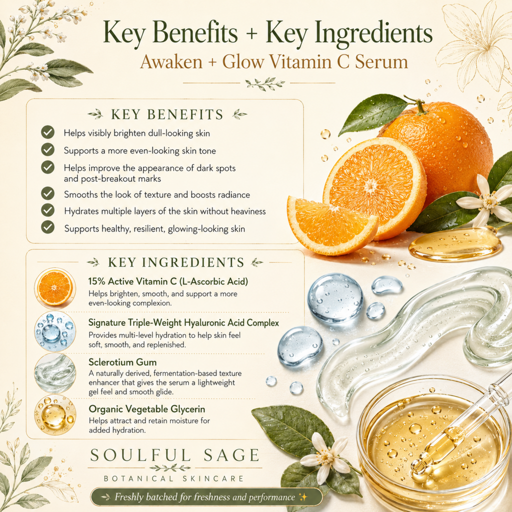 Infographic for Soulful Sage Awaken + Glow Vitamin C Serum showing key benefits and key ingredients, with oranges, water-like hyaluronic acid droplets, clear gel for sclerotium gum, and golden glycerin imagery on a soft cream botanical background.
