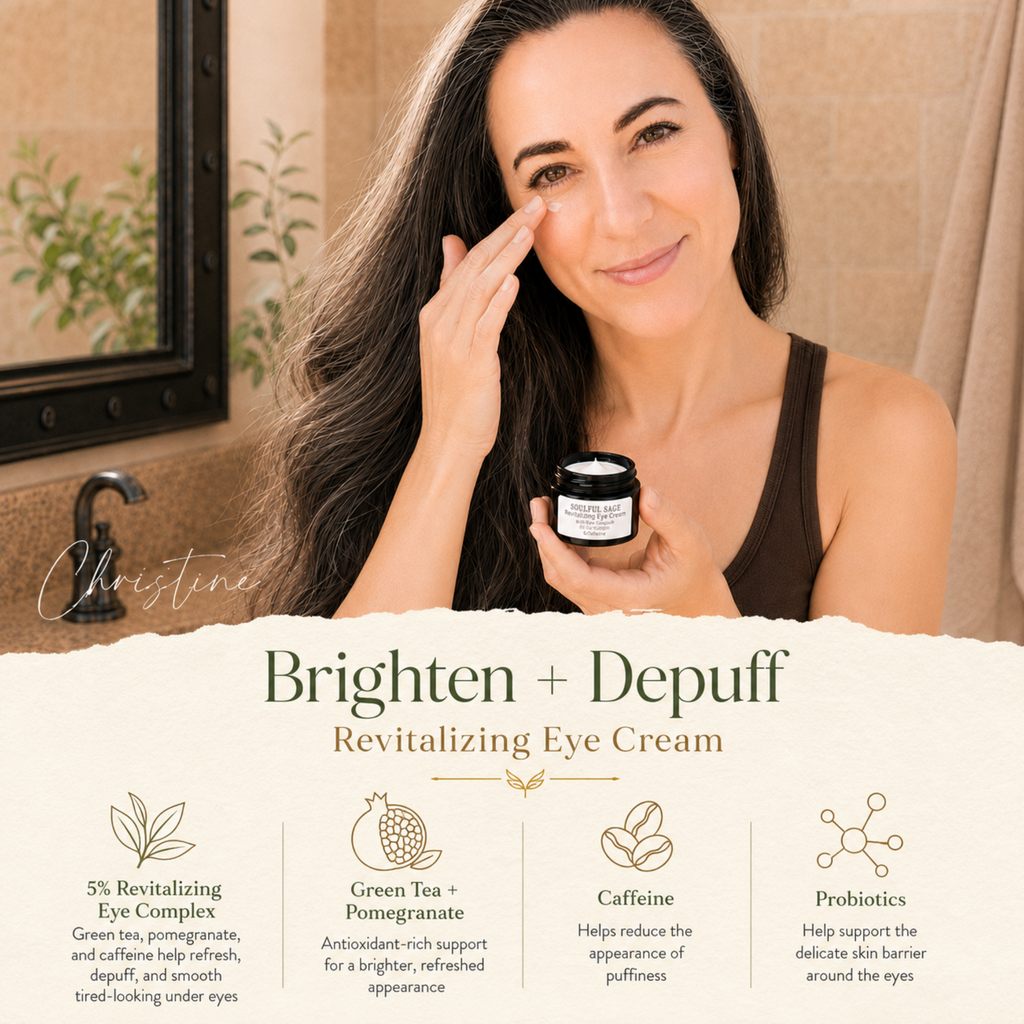Woman applying Soulful Sage Brighten + Depuff Revitalizing Eye Cream, with a bottom panel highlighting 5% revitalizing eye complex, green tea and pomegranate, caffeine, and probiotics.