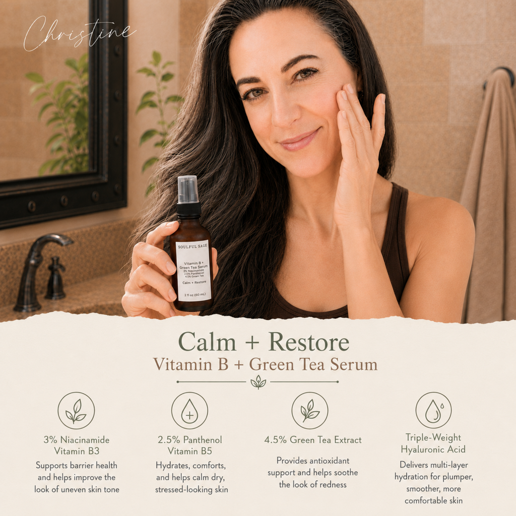 Christine applying Soulful Sage Calm + Restore Vitamin B + Green Tea Serum, with highlights for 3% niacinamide, 2.5% panthenol, 4.5% green tea extract, and triple-weight hyaluronic acid.