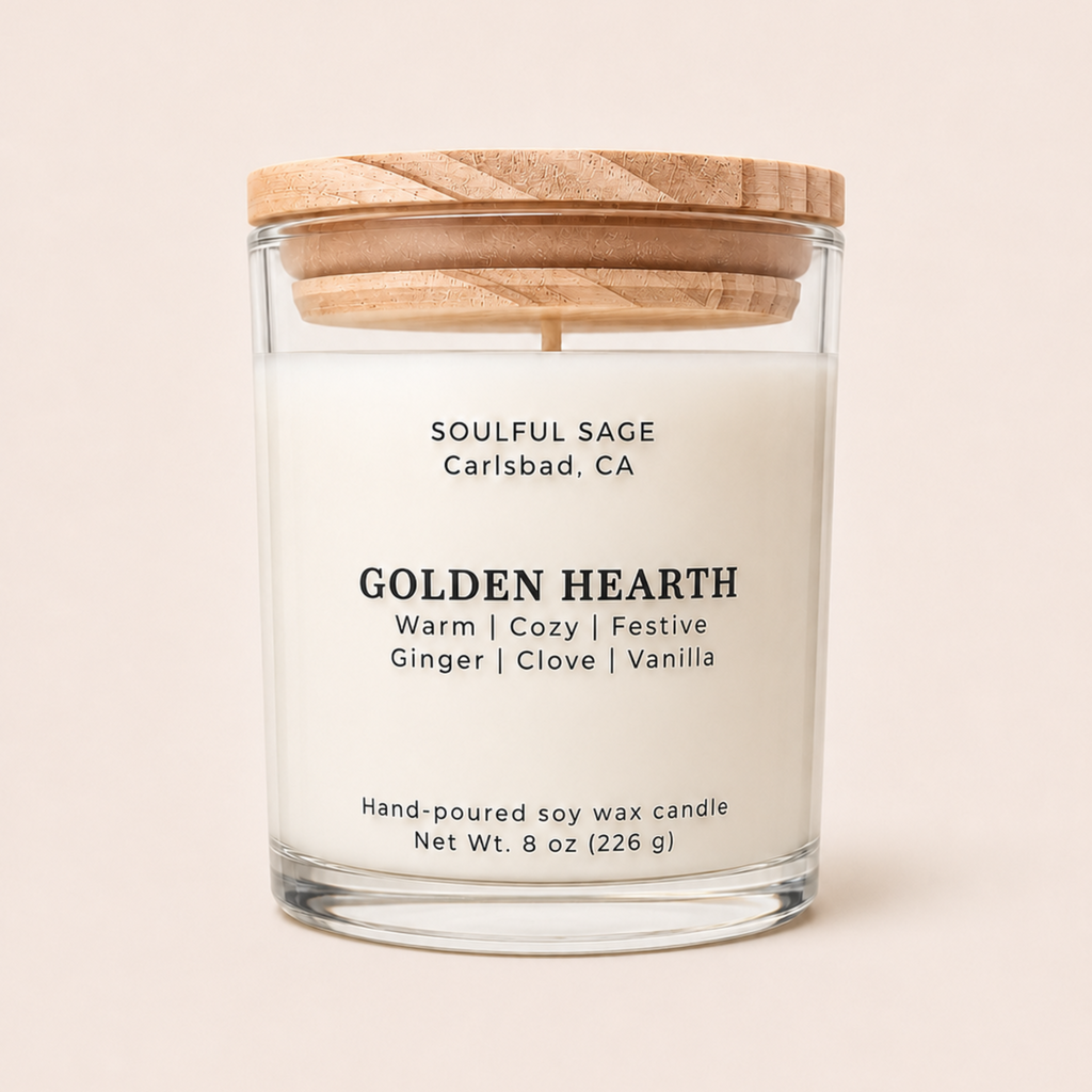 Golden Hearth soy candle by Soulful Sage with ginger, clove, and vanilla notes in a clear glass jar with a natural wood lid.