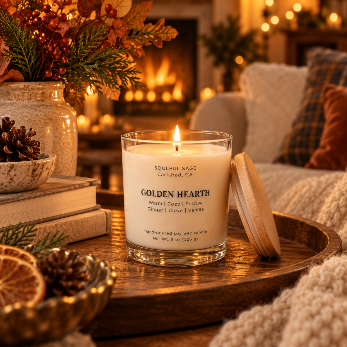 Golden Hearth soy candle glowing on a cozy side table with warm autumn decor, soft textiles, and fireplace light.