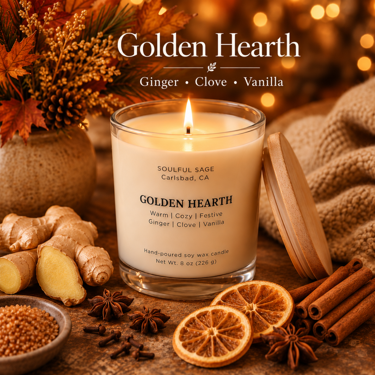 Golden Hearth soy candle glowing in a warm autumn setting with ginger, dried orange, cinnamon sticks, and scent notes Ginger • Clove • Vanilla.