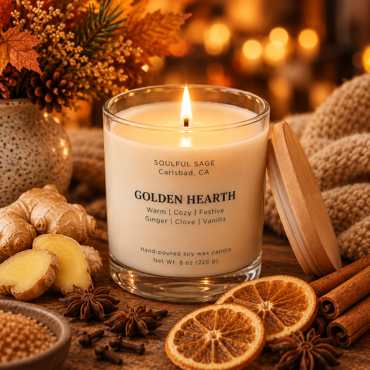 Golden Hearth soy candle burning with a full melt pool, surrounded by ginger, clove, dried citrus, and warm seasonal accents.