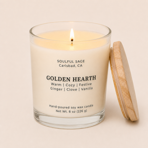 Lit Golden Hearth soy candle by Soulful Sage with a full melt pool, ginger, clove, and vanilla notes, and a natural wood lid resting beside the glass jar