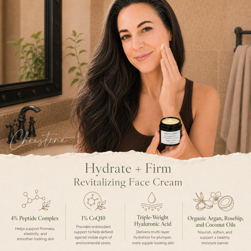 Christine applying Soulful Sage Hydrate + Firm Revitalizing Face Cream, with a bottom panel highlighting 4% peptide complex, 1% CoQ10, triple-weight hyaluronic acid, and organic argan, rosehip, and coconut oils.