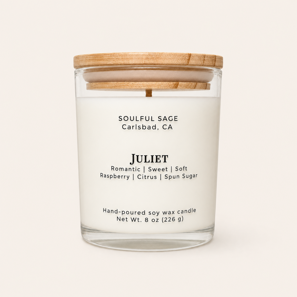 Juliet soy candle with raspberry, citrus, and spun sugar fragrance notes, hand-poured by Soulful Sage in Carlsbad, CA