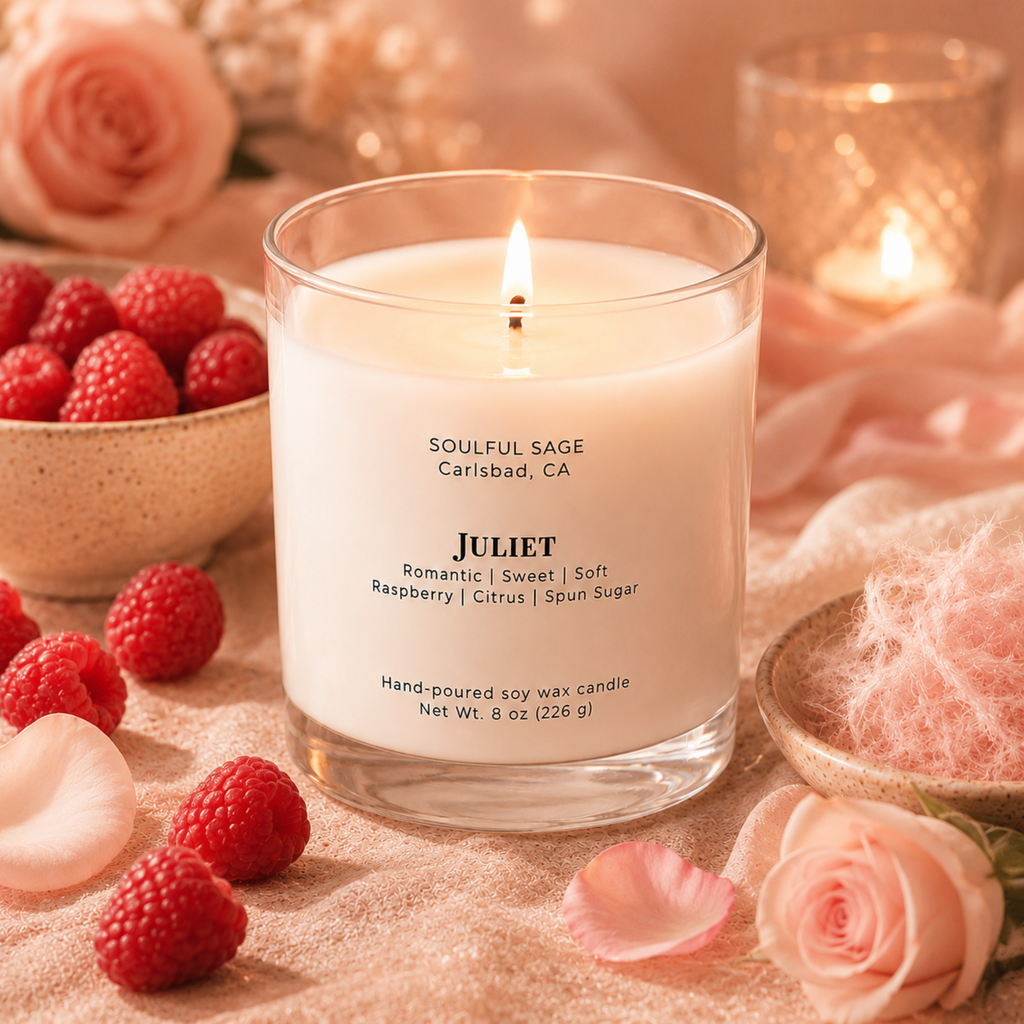 Juliet romantic soy candle by Soulful Sage, lit with a full melt pool, styled with raspberries, spun sugar, rose petals, and soft candlelight.