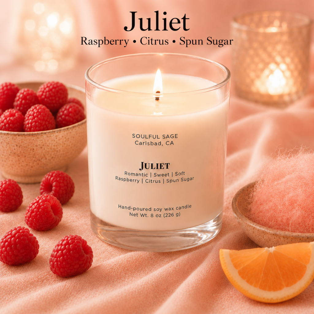 Juliet romantic soy candle by Soulful Sage, lit with a full melt pool, styled with raspberries, spun sugar, rose petals, and soft candlelight.
