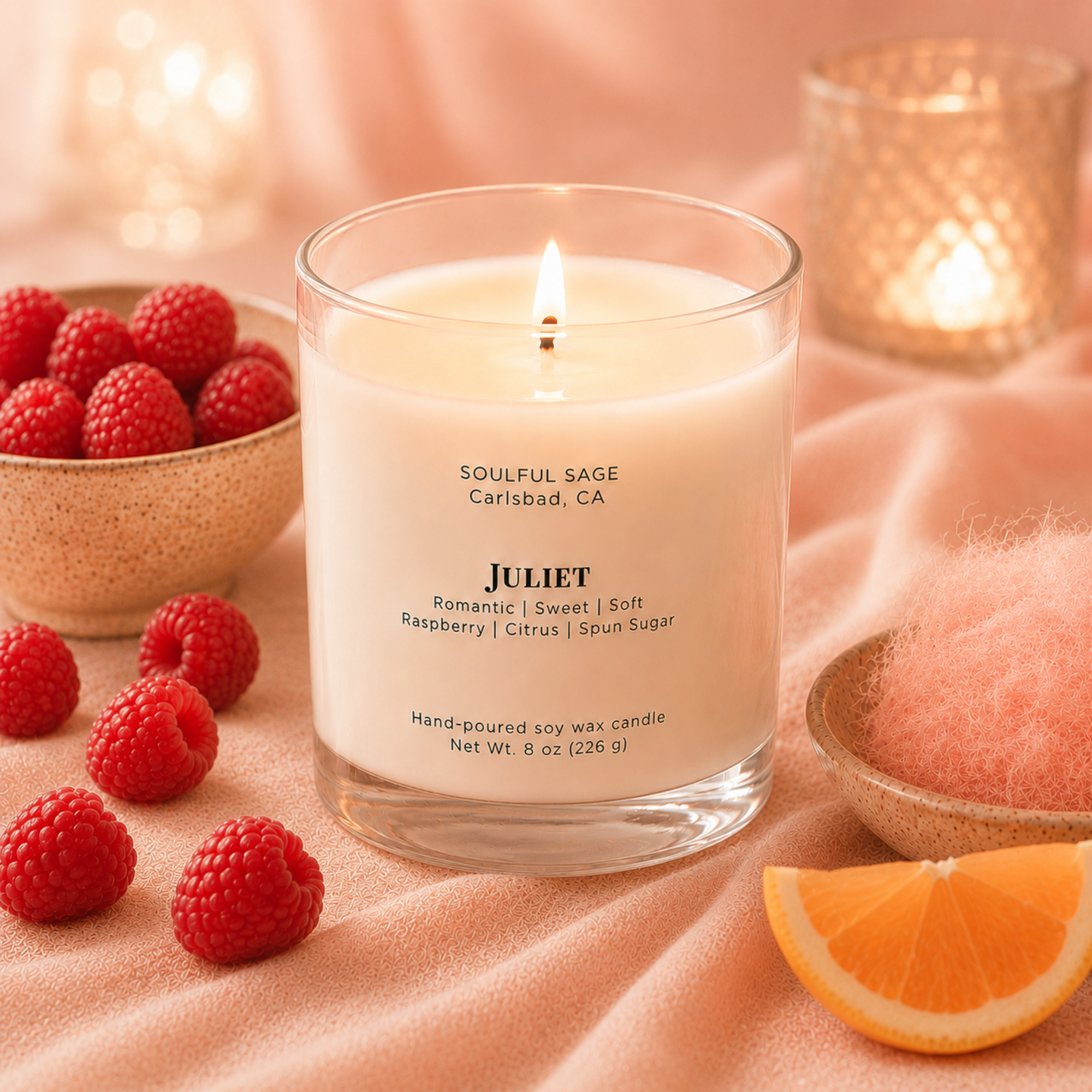 Juliet romantic soy candle by Soulful Sage, lit with a full melt pool, styled with raspberries, spun sugar, rose petals, and soft candlelight.