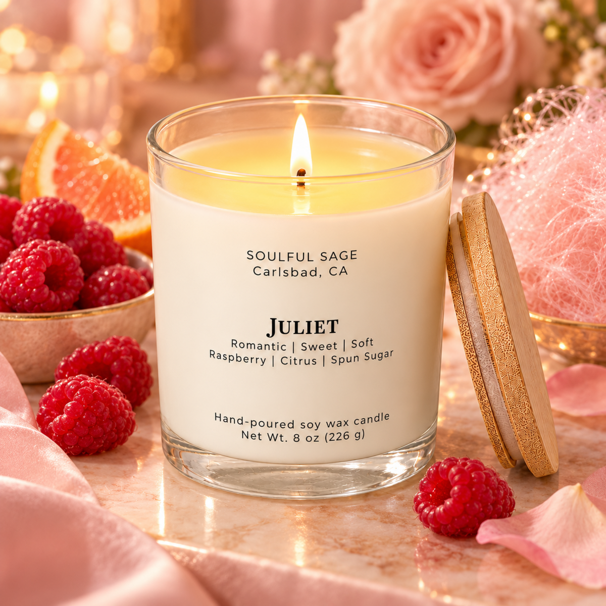 Juliet soy candle burning with a full melt pool and visible wick, surrounded by raspberry, citrus, rose, and soft romantic accents.