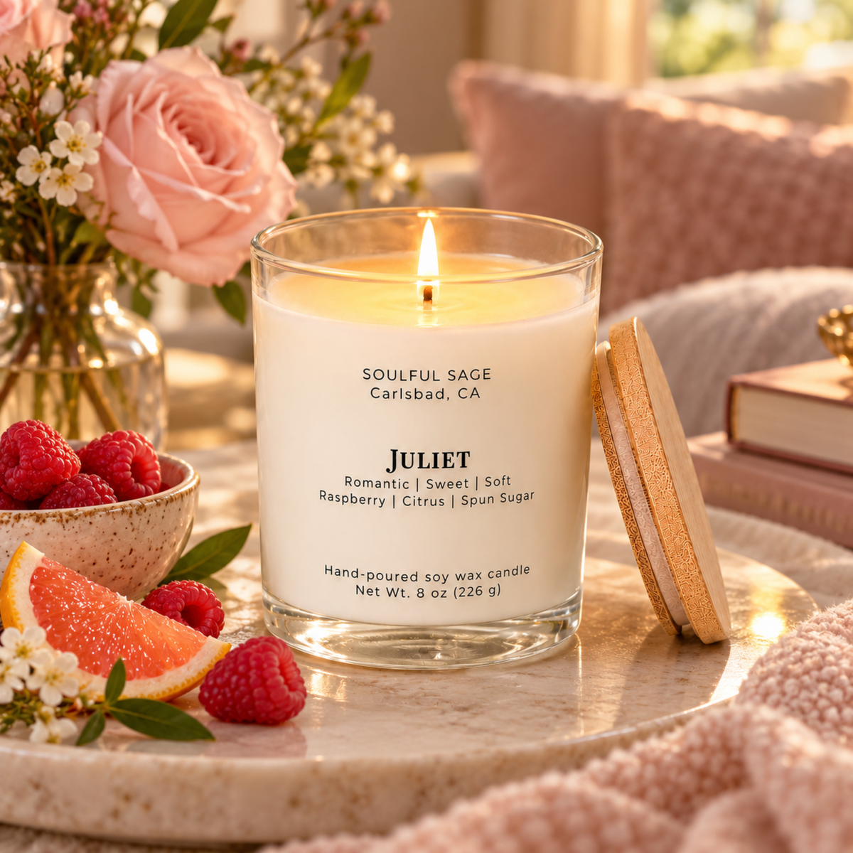 Juliet soy candle glowing in a warm romantic room with raspberries, citrus, blush flowers, soft textiles, and golden natural light.