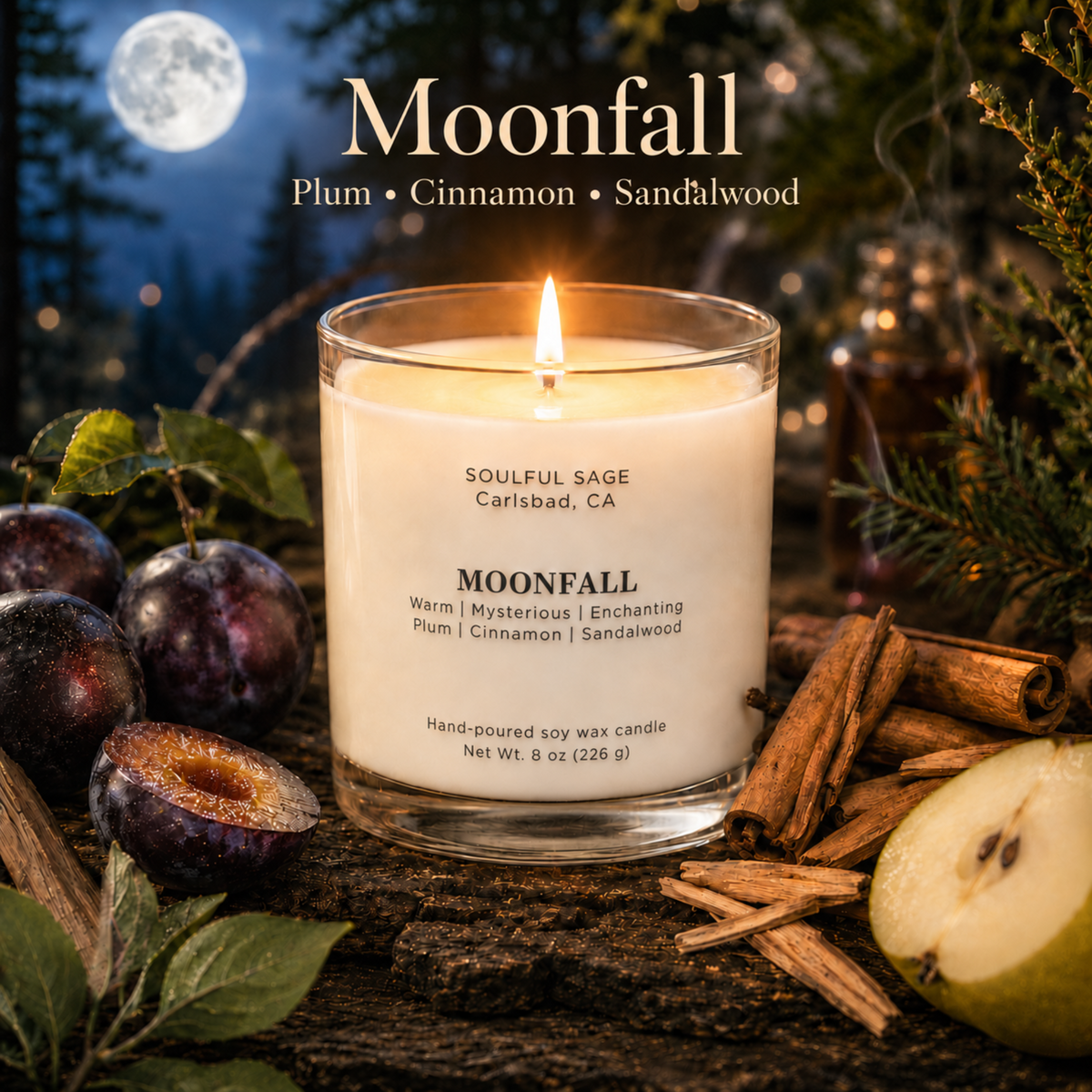Moonfall soy candle by Soulful Sage glowing in a moonlit forest setting with plum, cinnamon, sandalwood, and pear-inspired details.