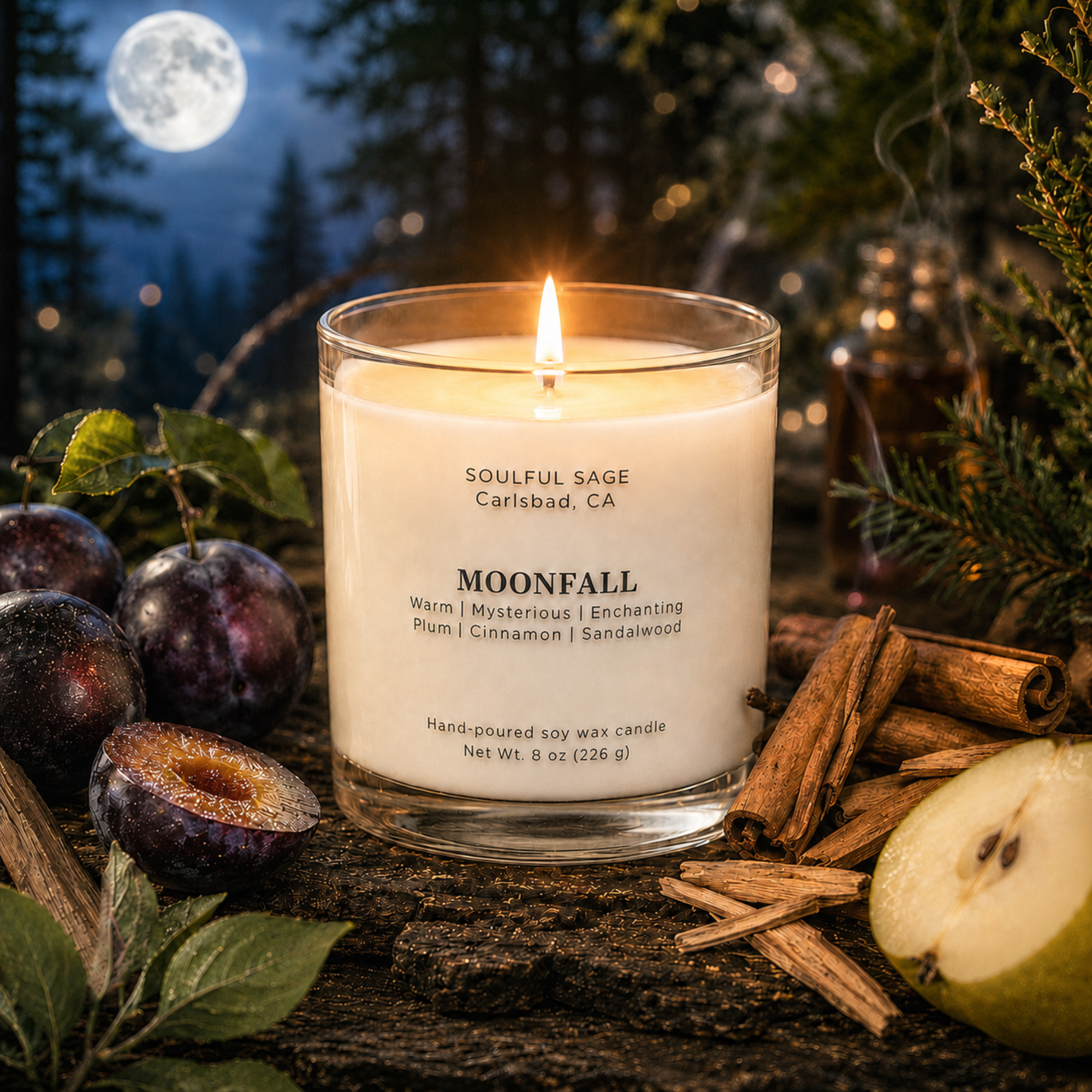 Moonfall soy candle by Soulful Sage glowing in a moonlit forest setting with plum, cinnamon, sandalwood, and pear-inspired details.