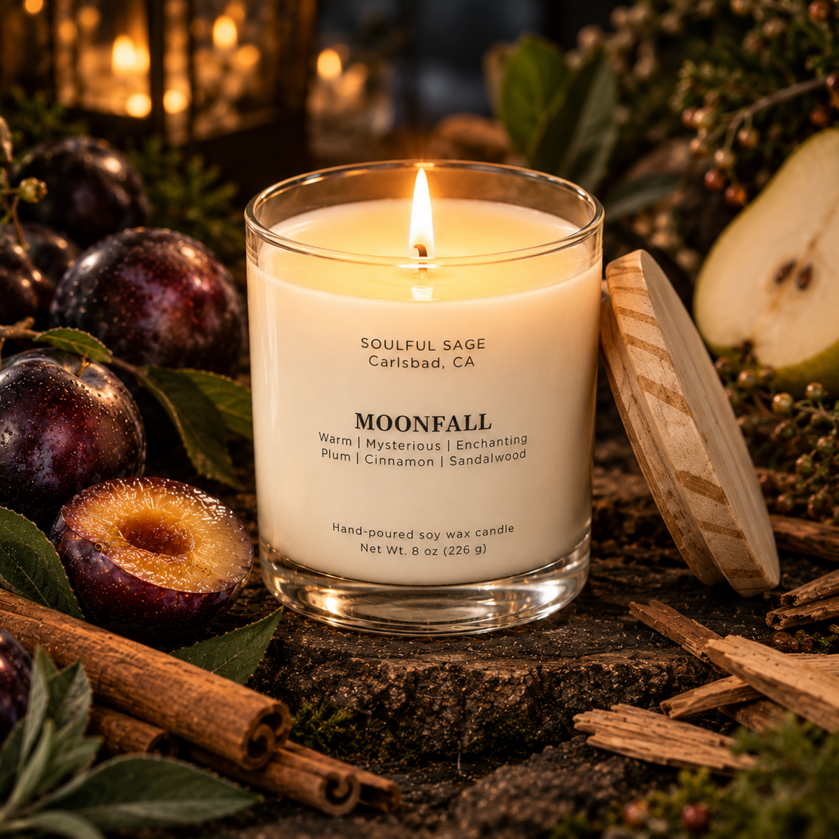 Moonfall soy candle burning with a full melt pool, surrounded by plum, cinnamon, pear, and warm wood accents.