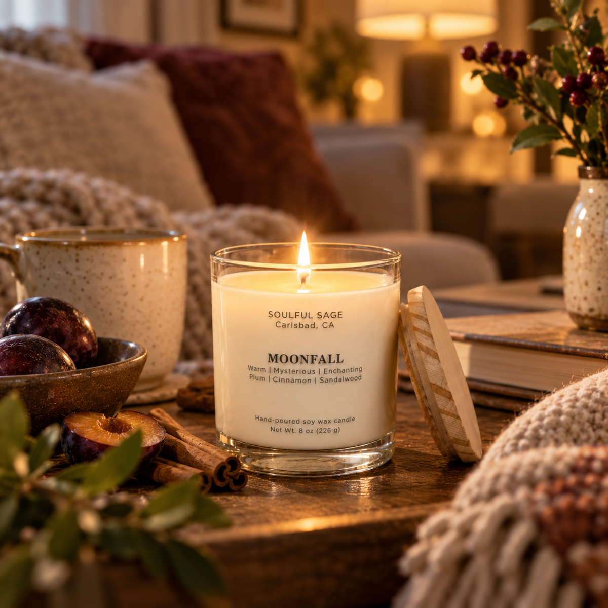 Moonfall soy candle glowing on a cozy side table with plum, cinnamon, soft textiles, and warm evening light.