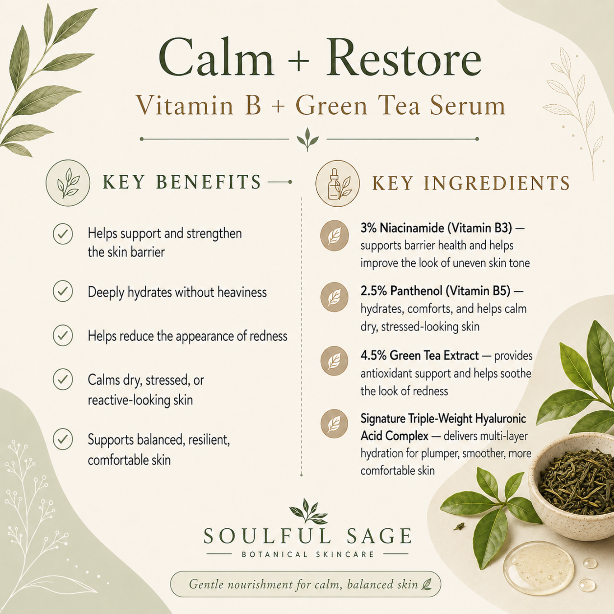 Niacinamide and green tea serum benefits with panthenol and triple-weight hyaluronic acid