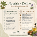 Infographic for Soulful Sage Nourish + Define Brow Conditioning Oil showing key benefits and key ingredients, including certified organic castor oil, jojoba oil, argan oil, black cumin seed oil, organic Vitamin E, rosemary essential oil, and lavender essential oil.