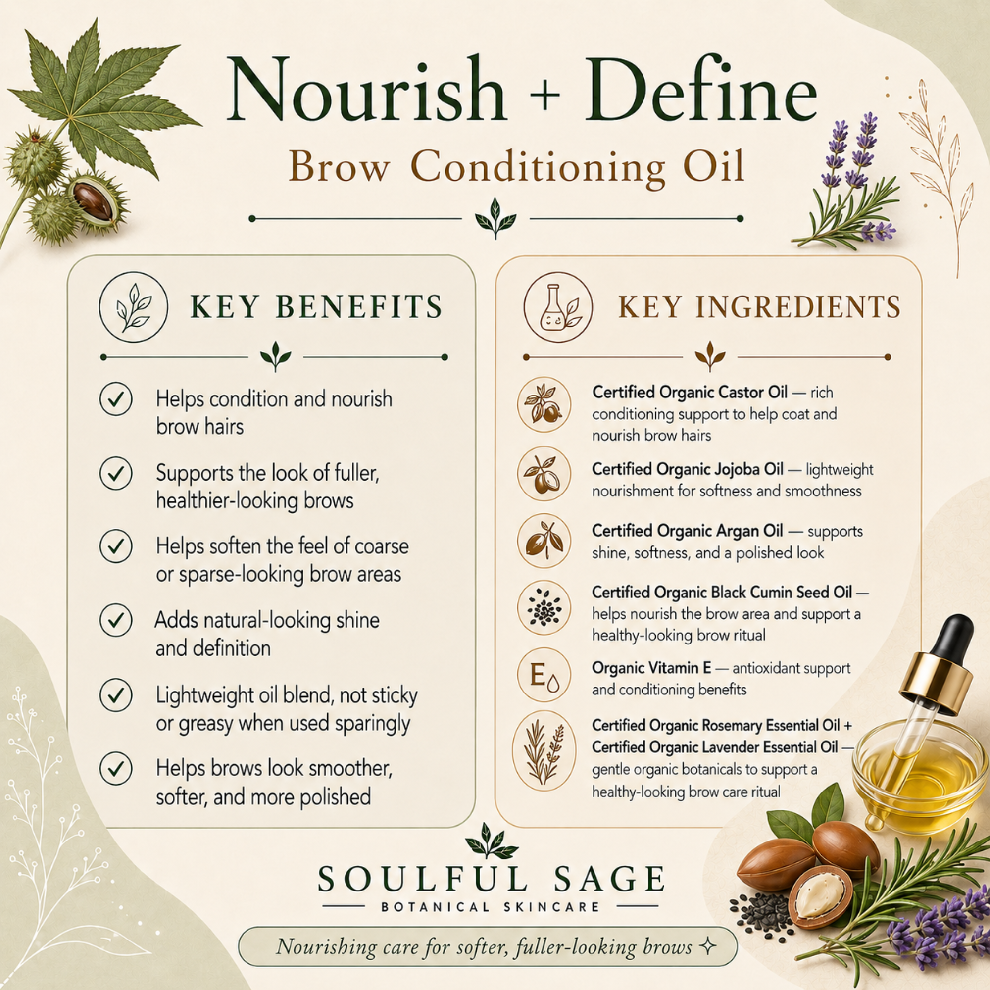 Infographic for Soulful Sage Nourish + Define Brow Conditioning Oil showing key benefits and key ingredients, including certified organic castor oil, jojoba oil, argan oil, black cumin seed oil, organic Vitamin E, rosemary essential oil, and lavender essential oil.