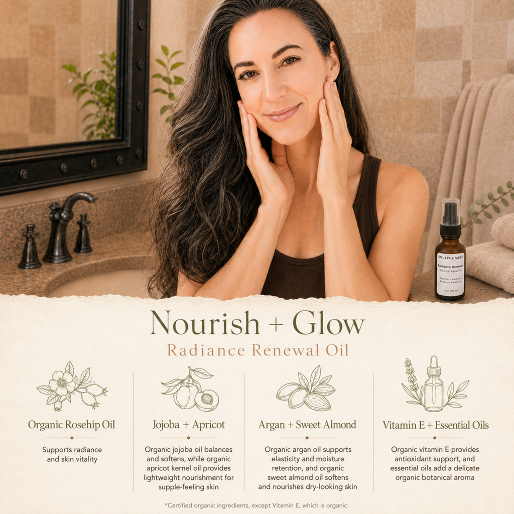 Christine applying Soulful Sage Nourish + Glow Radiance Renewal Oil, with a bottom panel highlighting organic rosehip oil, jojoba and apricot oils, argan and sweet almond oils, and organic vitamin E with essential oils.