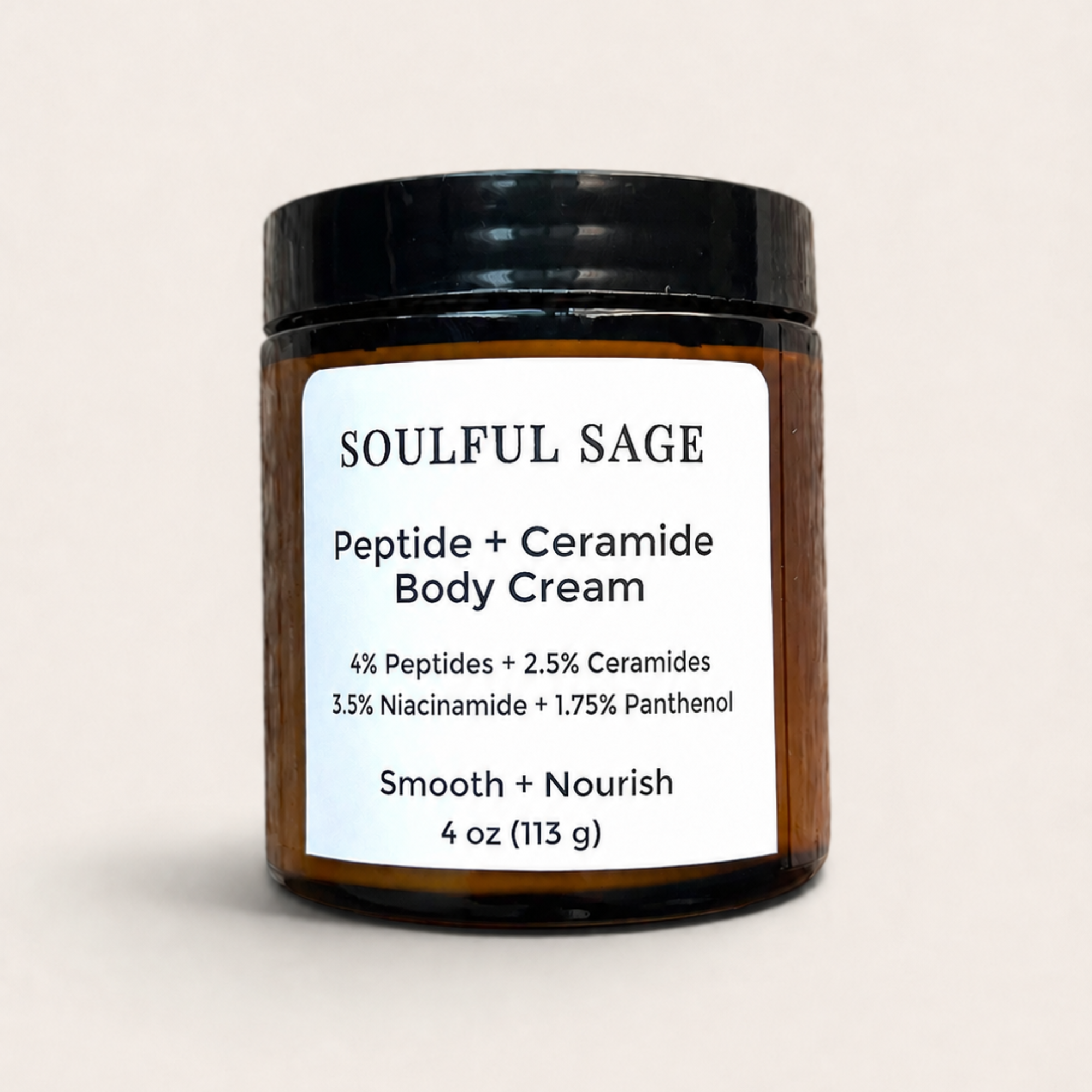 Soulful Sage Peptide + Ceramide Body Cream in a 4 oz amber jar with 4% peptides, 2.5% ceramides, 3.5% niacinamide, and 1.75% panthenol