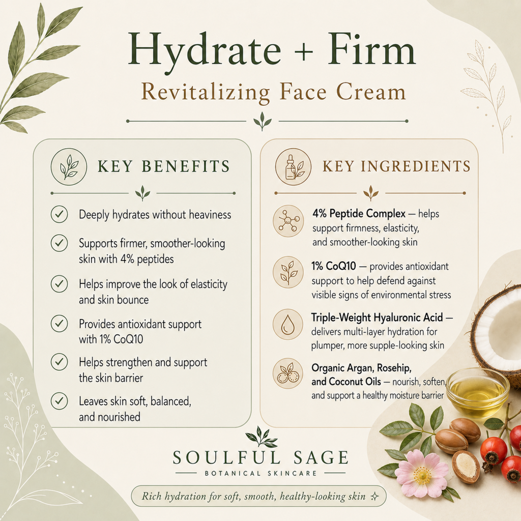 Peptide face cream benefits and ingredients including CoQ10 and triple-weight hyaluronic acid