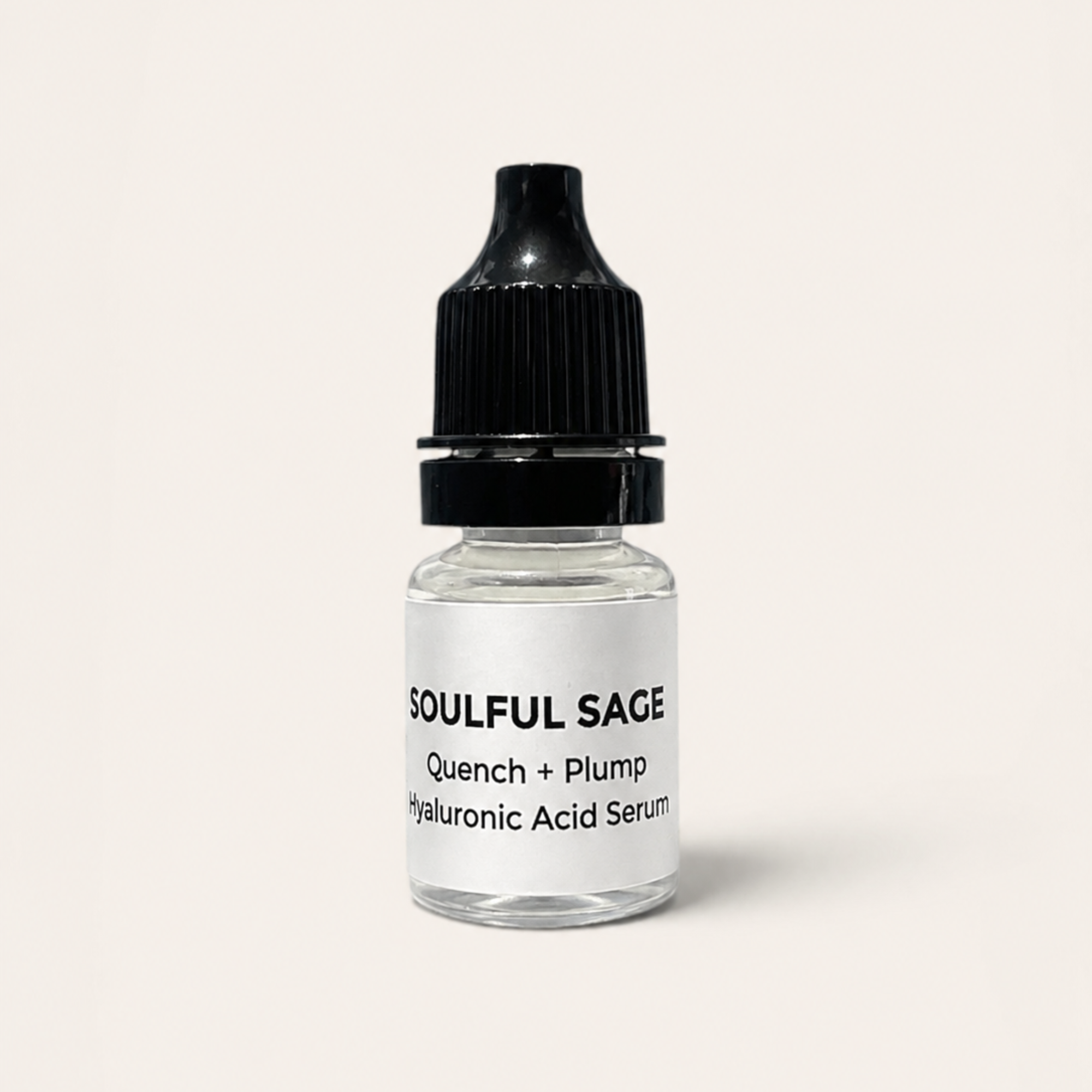 Soulful Sage Quench + Plump Hyaluronic Acid Serum in a 5 mL travel-size bottle with clear serum.