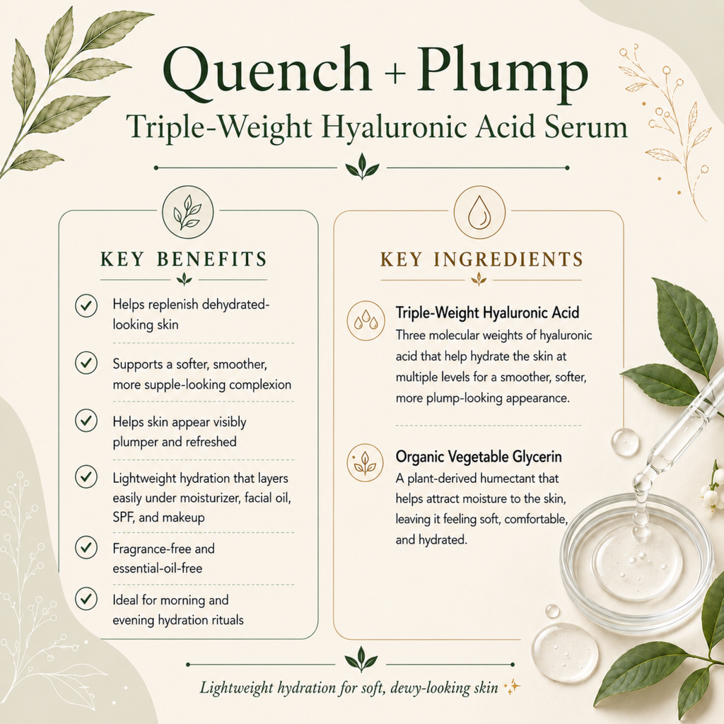 Quench + Plump Triple-Weight Hyaluronic Acid Serum key benefits and hero ingredients, including triple-weight hyaluronic acid and organic vegetable glycerin.