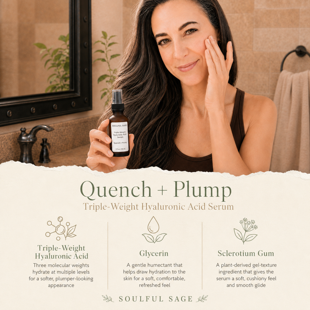 Woman applying Soulful Sage Quench + Plump Triple-Weight Hyaluronic Acid Serum, with a bottom panel highlighting triple-weight hyaluronic acid, glycerin, and sclerotium gum.