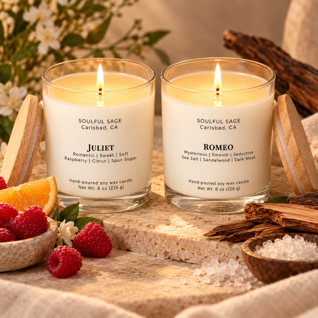 Romeo and Juliet soy candle pair burning side by side with full melt pools, surrounded by raspberry, citrus, sea salt, and wood accents.