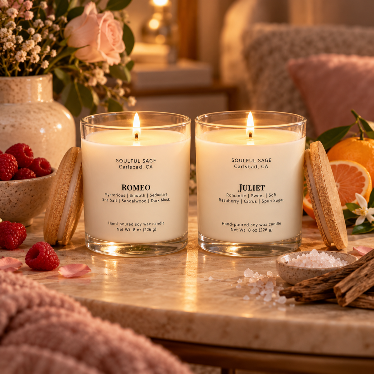 Romeo and Juliet soy candle pair glowing together in a romantic home setting with soft flowers, citrus, raspberries, wood accents, and warm candlelight.