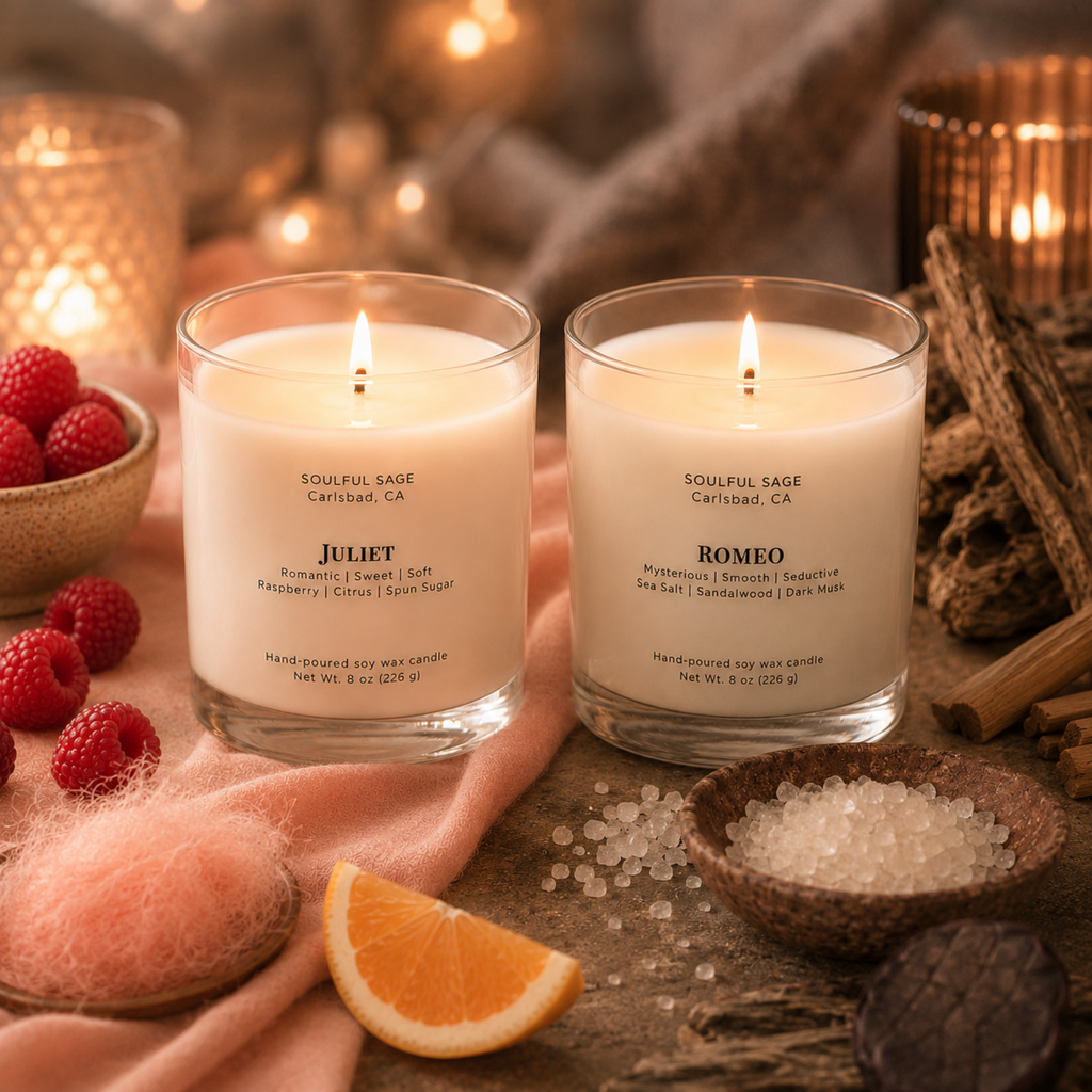 Romeo and Juliet soy candles by Soulful Sage, lit with full melt pools and styled together with raspberries, citrus, spun sugar, sea salt, sandalwood, and warm candlelight