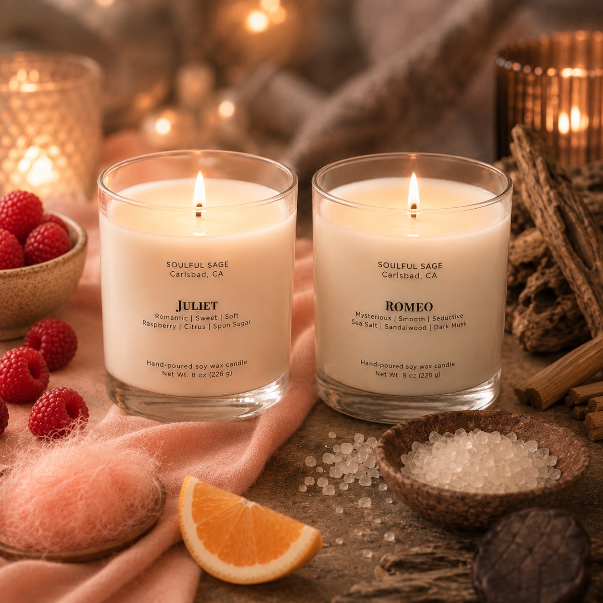 Romeo and Juliet soy candles by Soulful Sage, lit with full melt pools and styled together with raspberries, citrus, spun sugar, sea salt, sandalwood, and warm candlelight