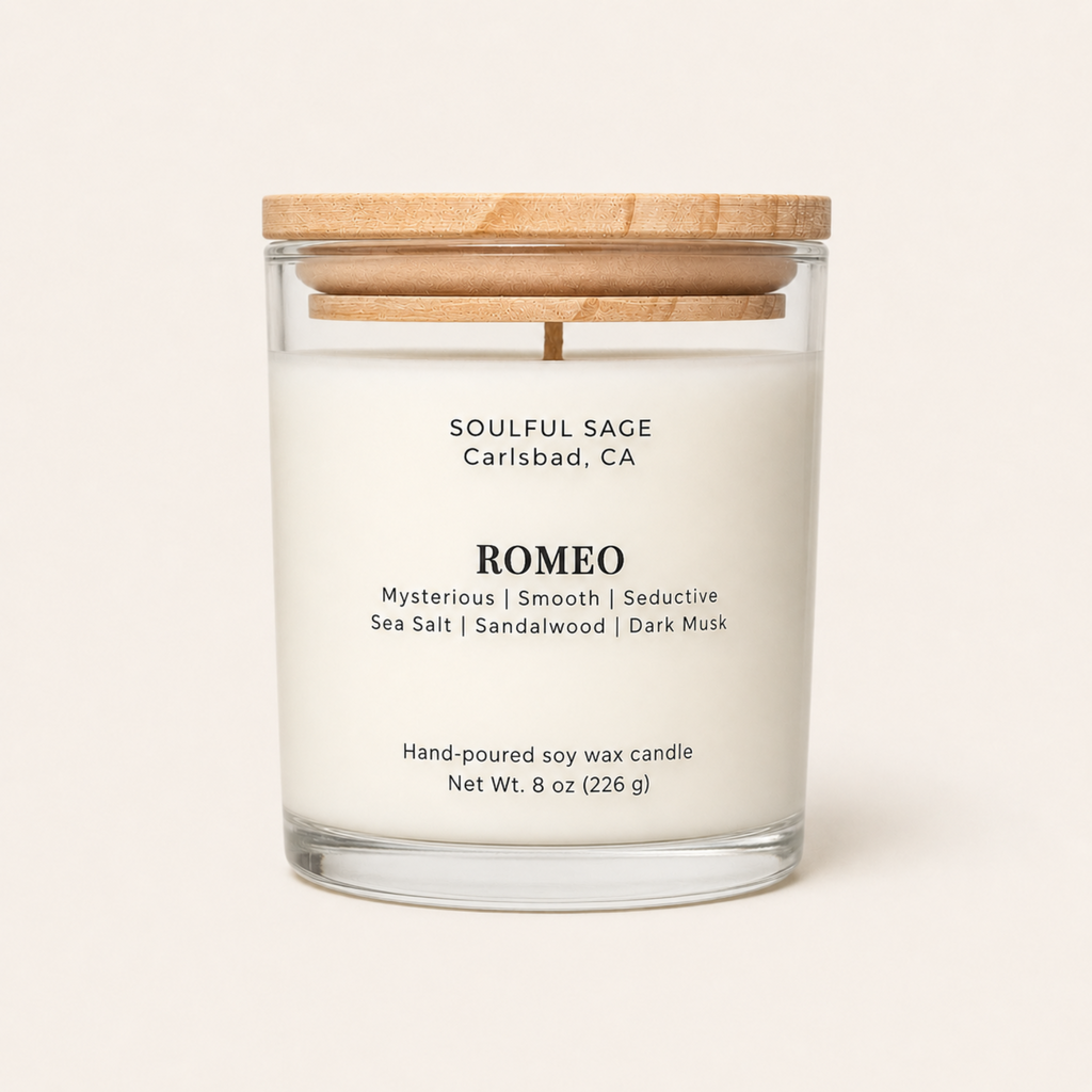 Romeo soy candle by Soulful Sage with sea salt, sandalwood, and dark musk fragrance notes in a clean glass jar with bamboo lid