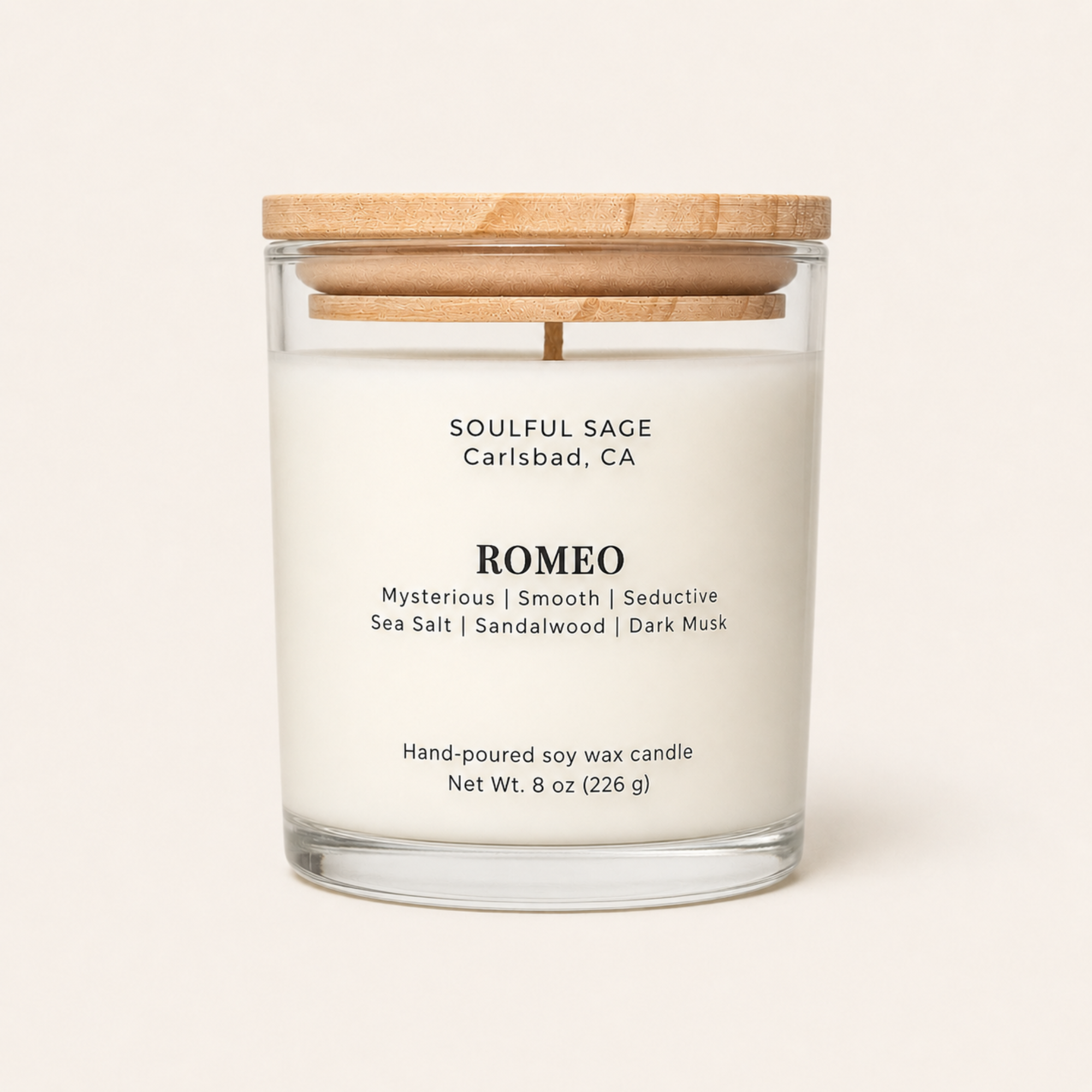 Romeo soy candle by Soulful Sage with sea salt, sandalwood, and dark musk fragrance notes in a clean glass jar with bamboo lid